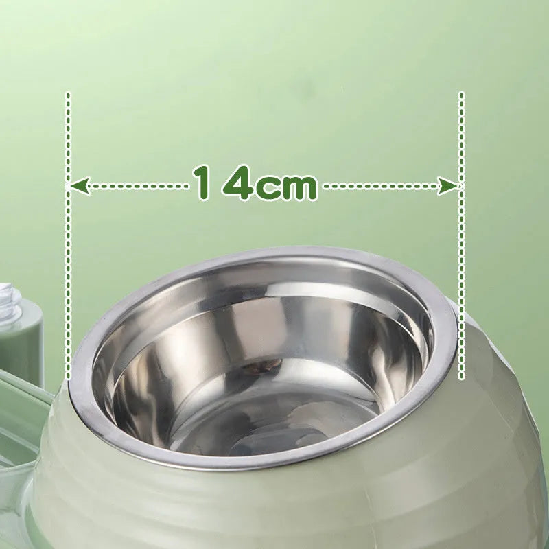 Raised cat feeder bowl with attached water bottle dispenser in green colour