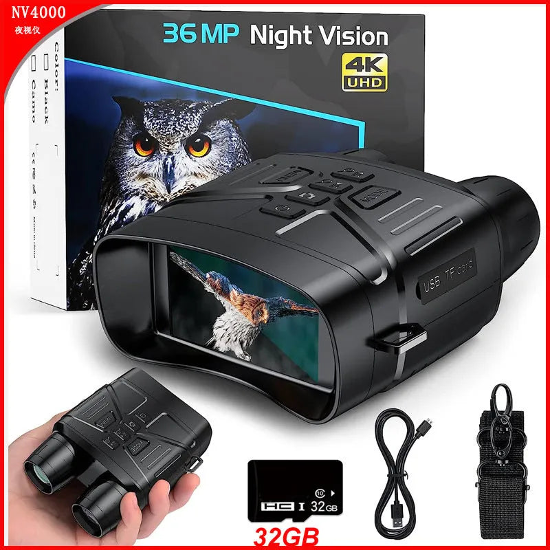 Black night vision instrument with display screen showing night-time imagery and control buttons