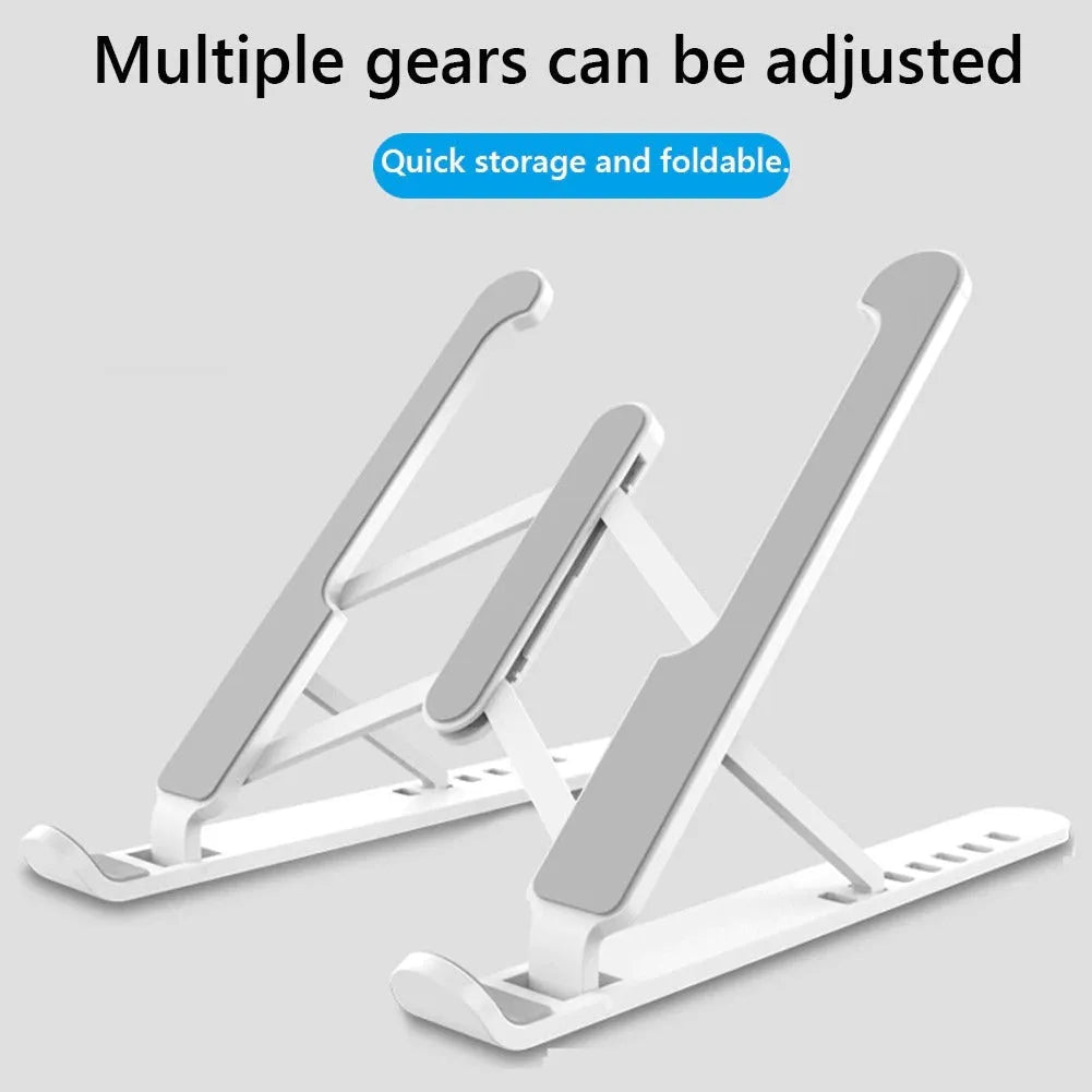 Black ABS adjustable laptop stand with 6 height gears folded flat on a white background