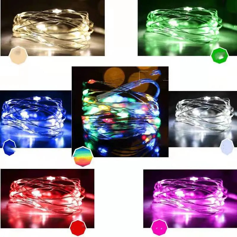 12-metre long copper wire LED string lights with 120 bulbs and a battery box, shown in a selected colour.