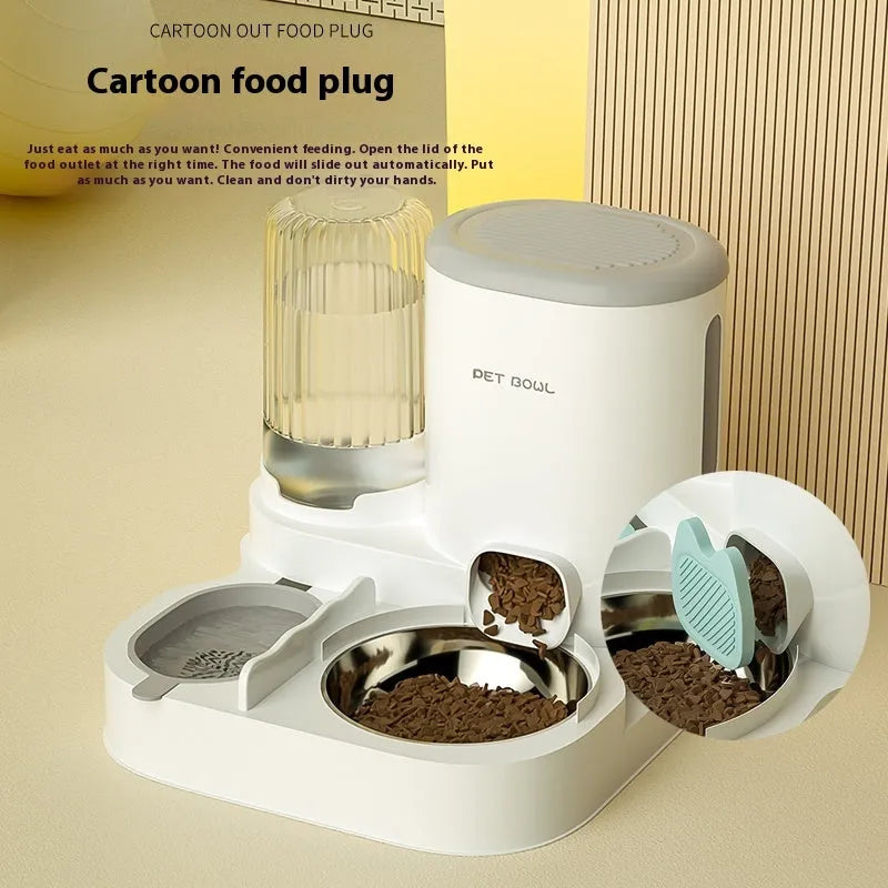 Automatic cat water fountain with integrated stainless steel double feeding bowl in avocado green colour