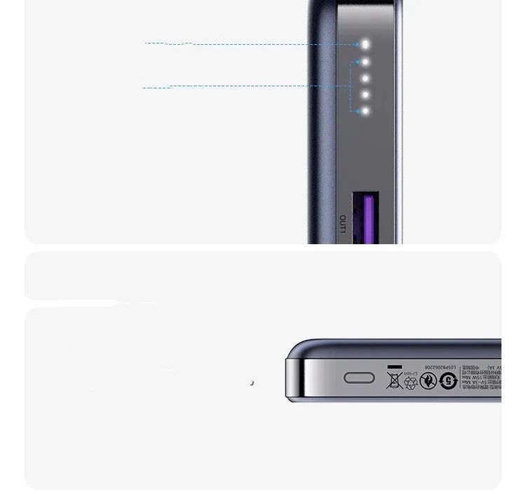 Small black portable magnetic bracket power bank with 10000mAh capacity on a table.