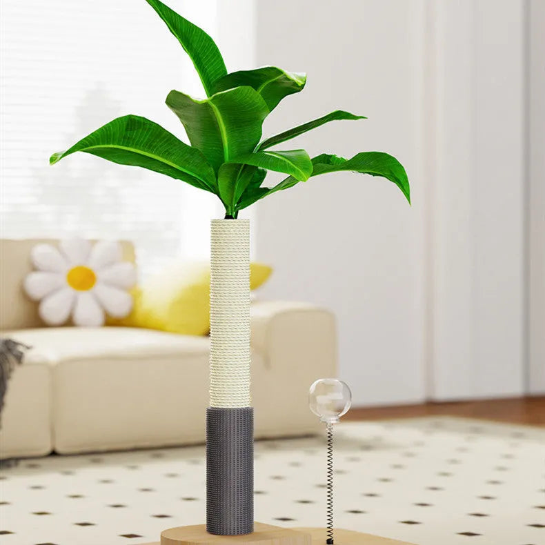 Vertical wooden cat scratching post in canna colour with an integrated food drop ball.