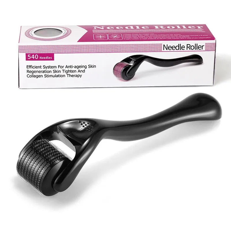 Titanium microneedle derma roller with 540 needles, shown in black and purple handle options for facial, scalp, and beard care.
