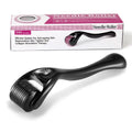Titanium microneedle derma roller with 540 needles, shown in black and purple handle options for facial, scalp, and beard care.