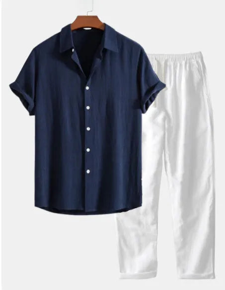 Cotton linen short sleeve summer suit set in multiple colours with included glasses, shoes, and watch accessories