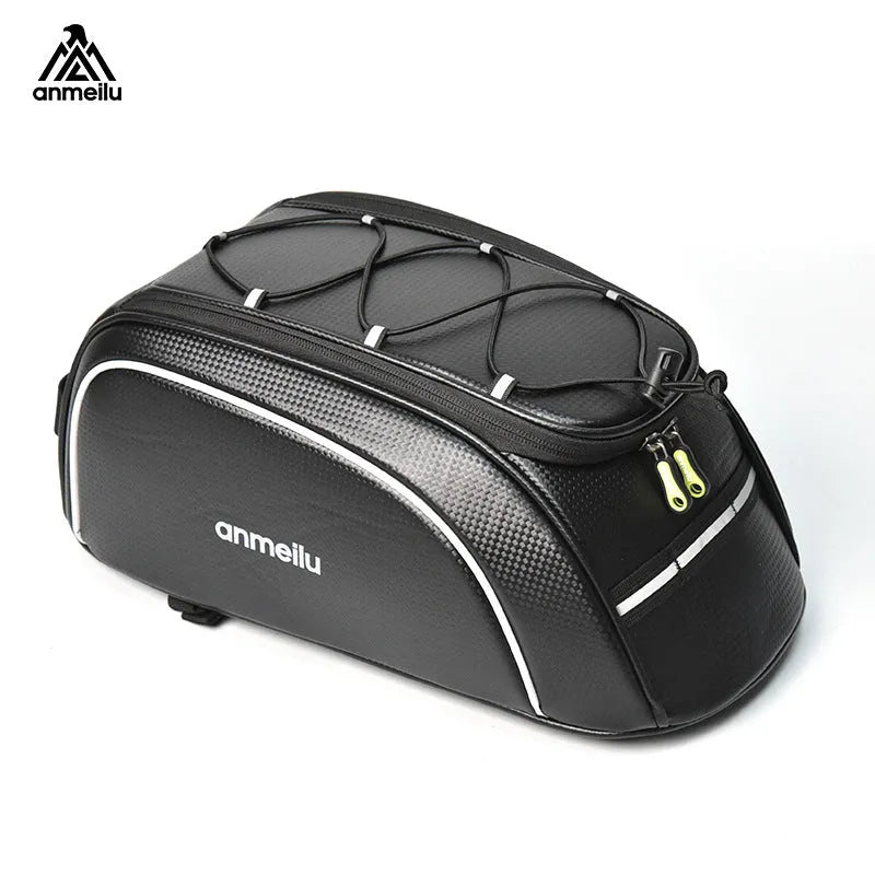 Black waterproof PU leather bicycle rack bag mounted on a bike rear rack, showing its 8-litre capacity.