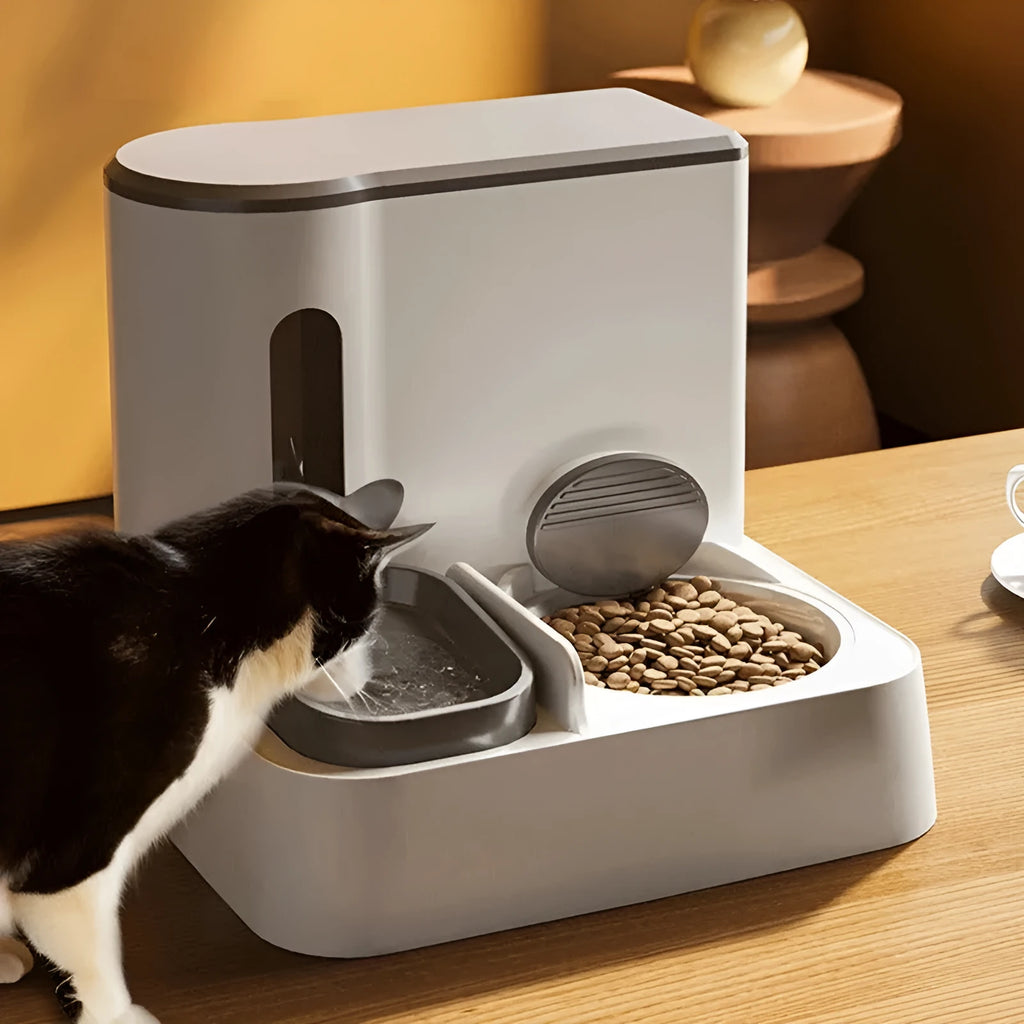 Automatic cat feeder with integrated water dispenser and double bowl system in grey colour