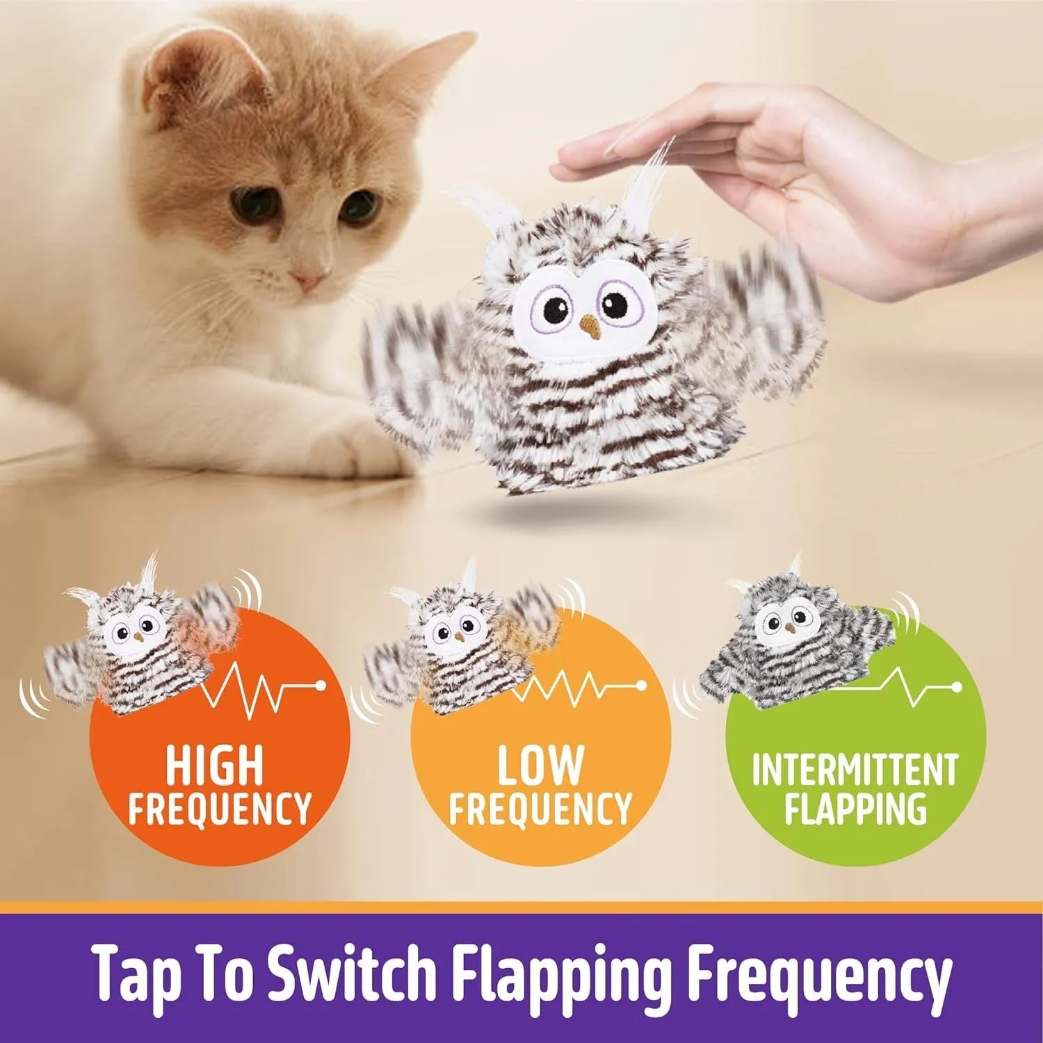 Grey automatic owl cat toy with flapping wings on a floor