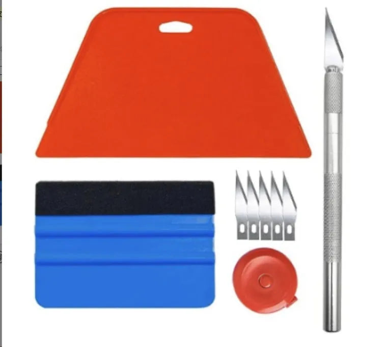 Plastic car film smoothing tool kit with squeegee and trimming knife for window tint and vinyl wrap application.