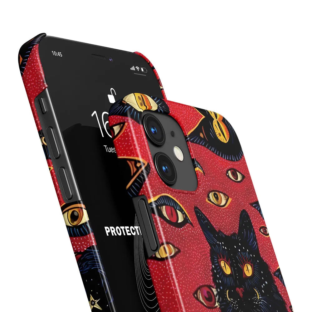 Retro cat eye design hard shell phone case for iPhone in glossy and frosted finish options.