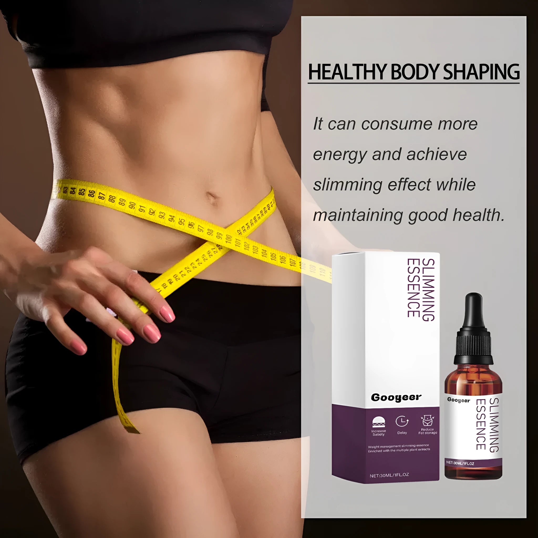 30ml bottle of body shaping drops serum for thigh, arm, and belly application.