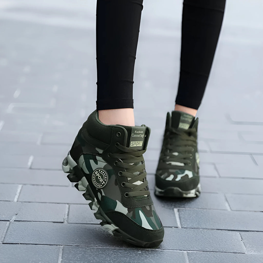 Women's green camouflage canvas sneakers with increased rubber sole