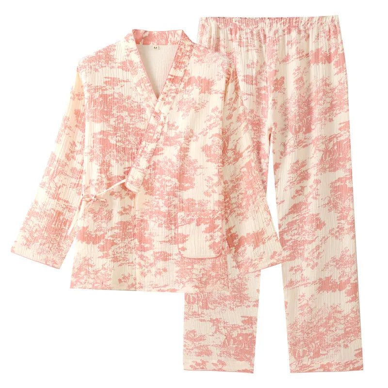 Women's pure cotton gauze lounge suit set in frosted pine trees colour with lace-up detailing