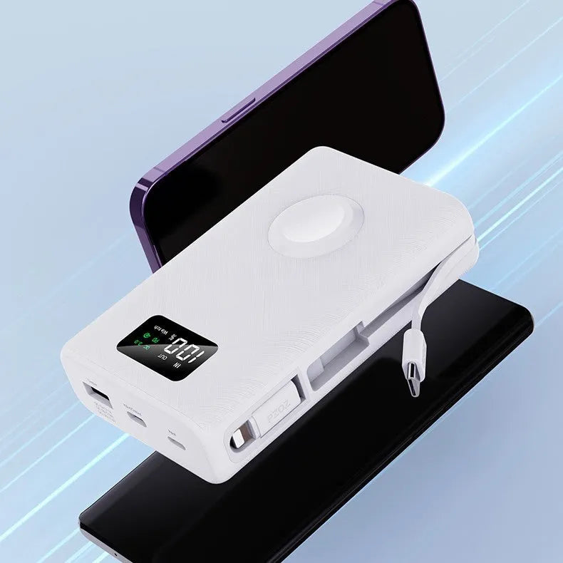 Black and white magnetic wireless power bank with digital display showing battery percentage