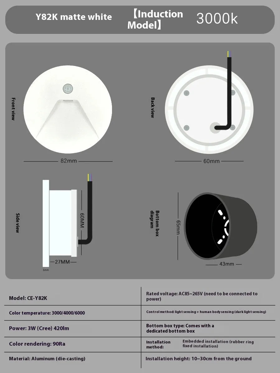 3W aluminium IP65 step light 82mm diameter warm white motion sensor outdoor stair night light