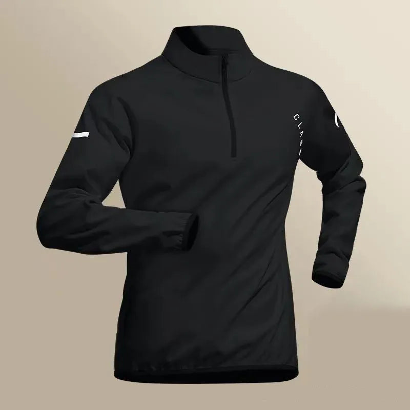 Men's black polyester fitness set with long-sleeved top, shorts, and trousers on model for summer training