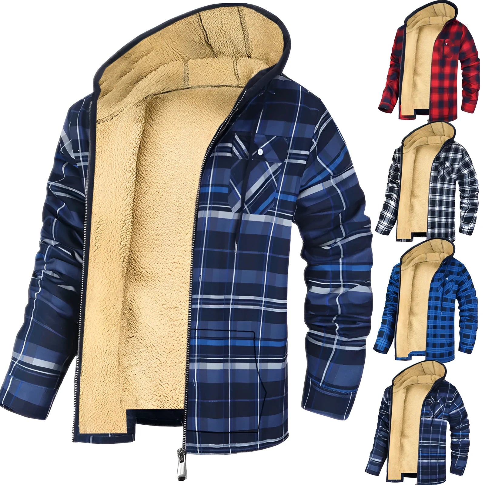 Men's plaid hooded zip-up thickened cotton-padded winter jacket in blue