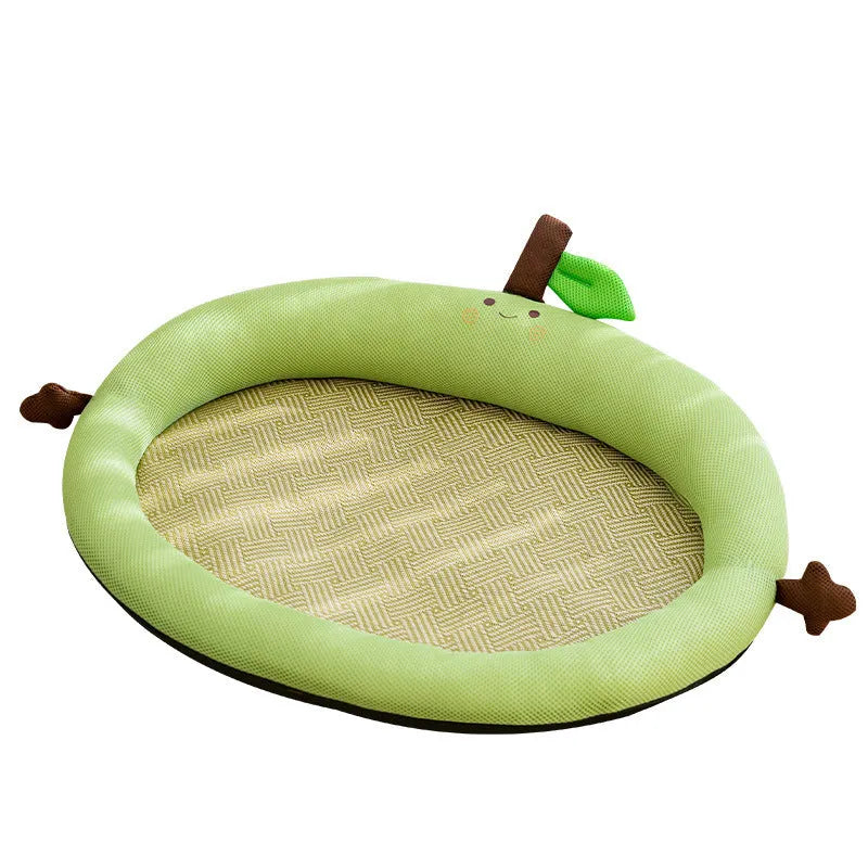 Green pet cooling mat with a raised fruit-shaped backrest for dogs and cats.