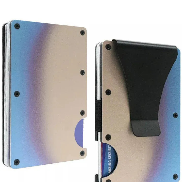 Gradient color ultra-thin aluminum alloy card package with metal clamp, blue gradient finish