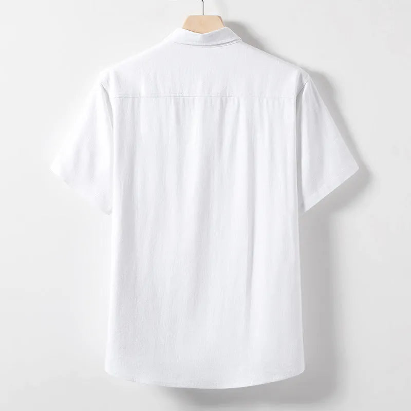 Men's loose lapel linen T-shirt in hemp blend fabric, solid colour short sleeve pullover.