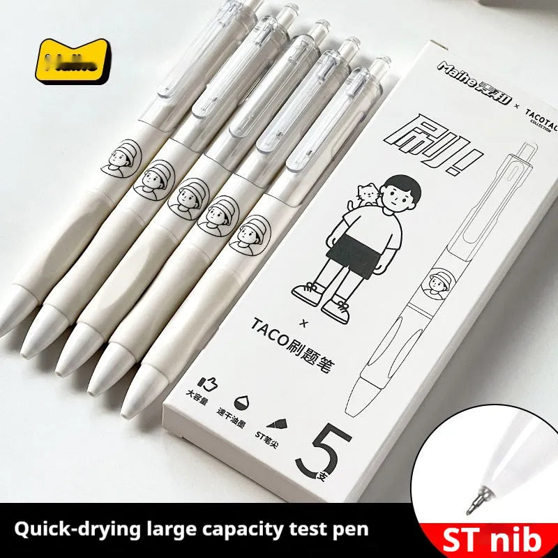 Five white plastic ballpoint pens with 0.5mm black gel ink tips from the Taco series.