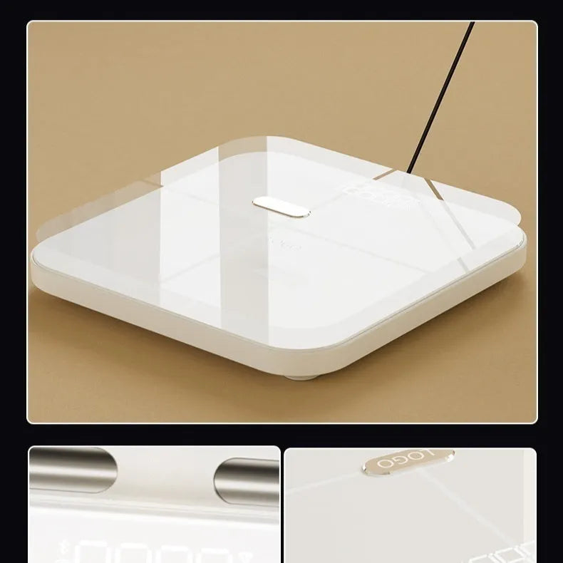 White intelligent body fat scale with 8 electrodes and a tempered glass platform.