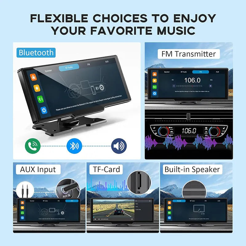Black 10.26-inch car navigation device with touch screen showing split display of map and camera feed