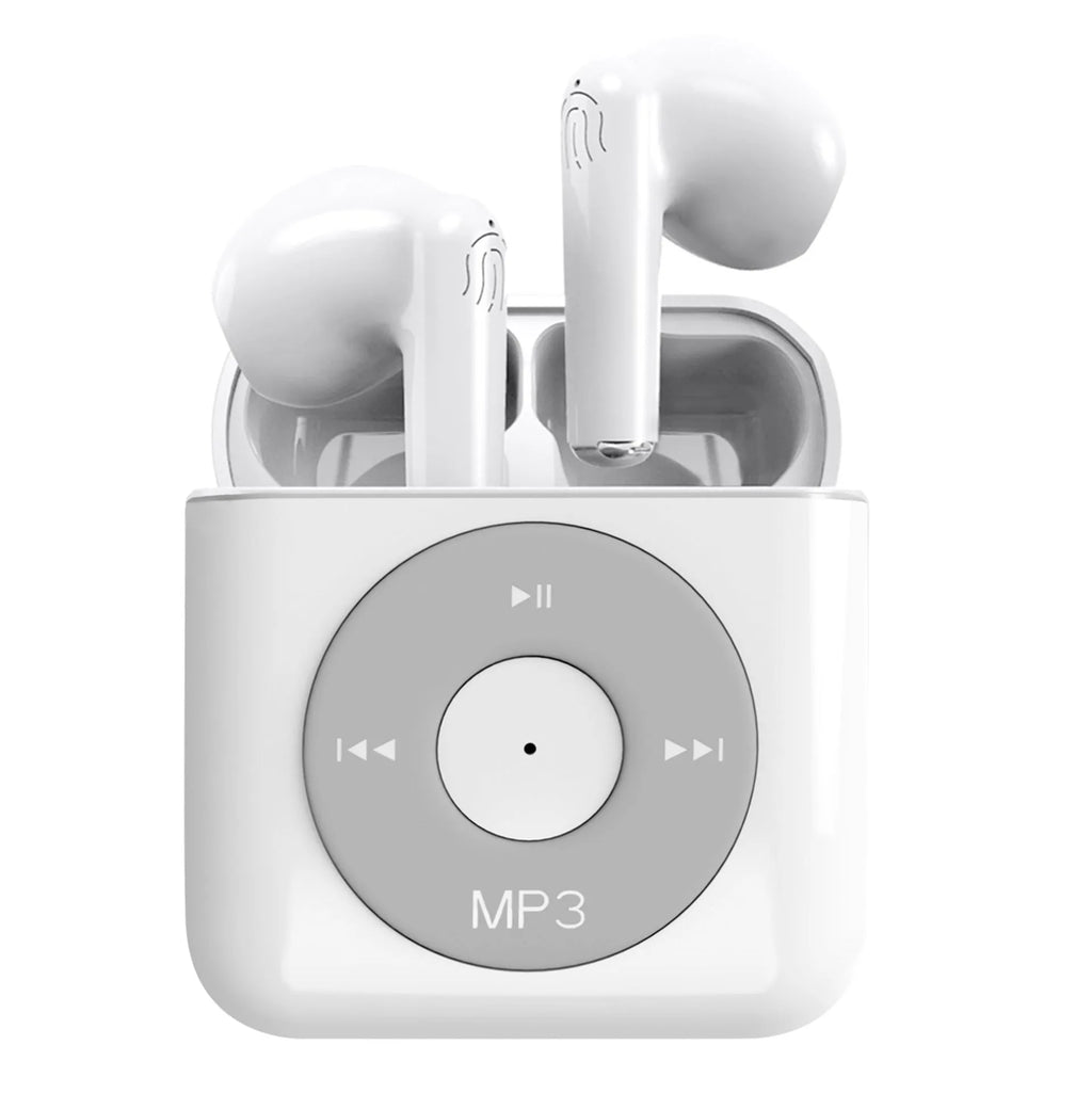 White wireless Bluetooth earphones and charging case on a solid background.