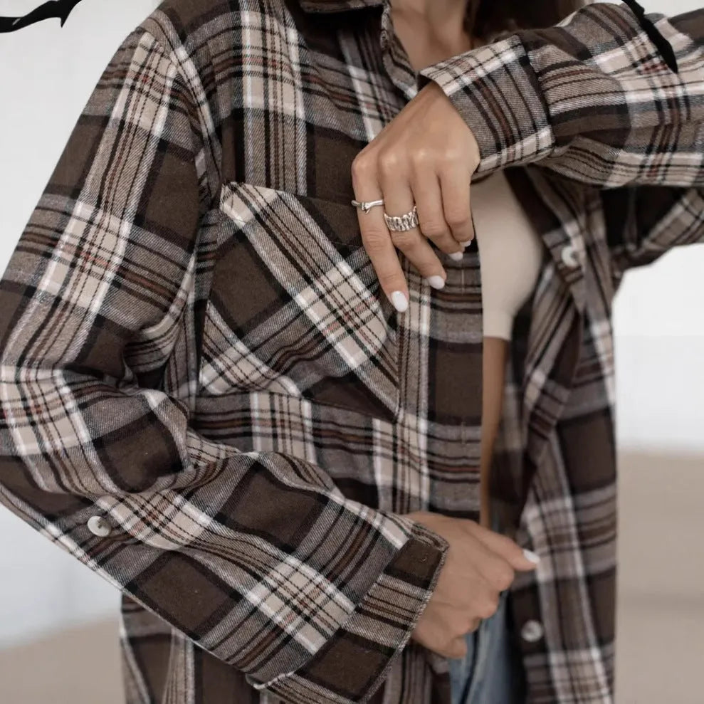 Women's dark brown striped retro shirt with long sleeves and cotton fabric