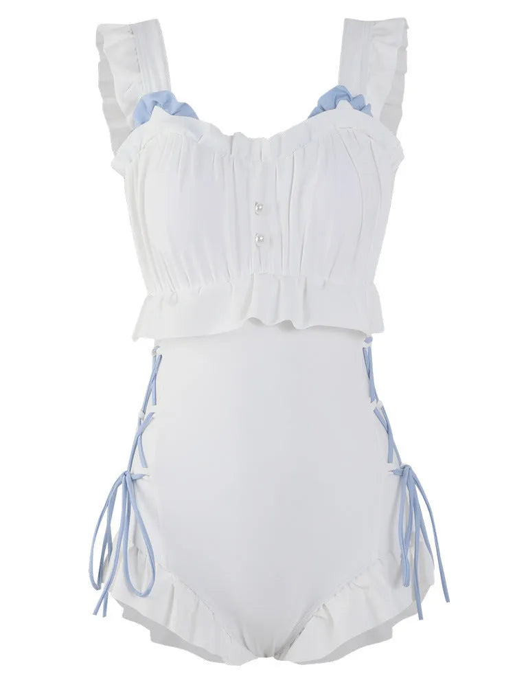 Women's Milky White backless one-piece nylon swimsuit on a hanger