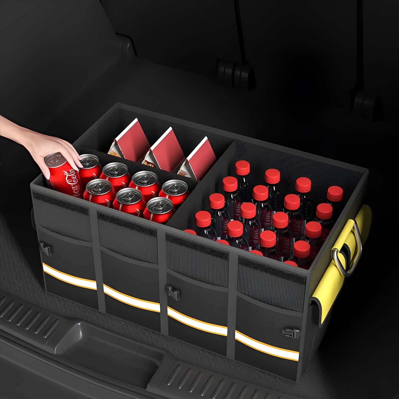Black and yellow foldable car storage bag with handle in three capacity sizes