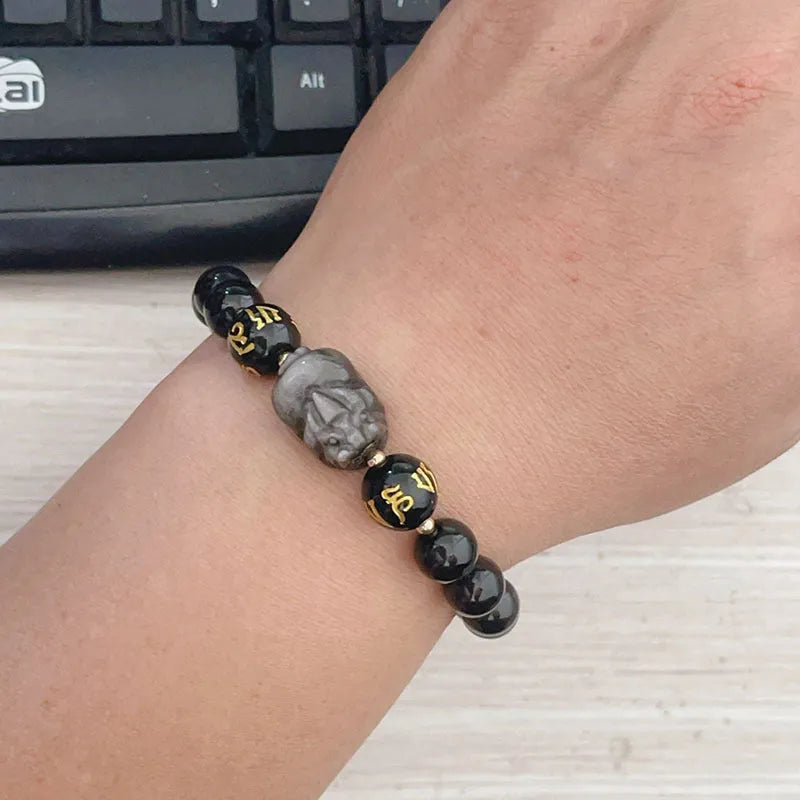 Silver Stone men's bracelet with Chinese zodiac symbols and beaded design in natural silver colour