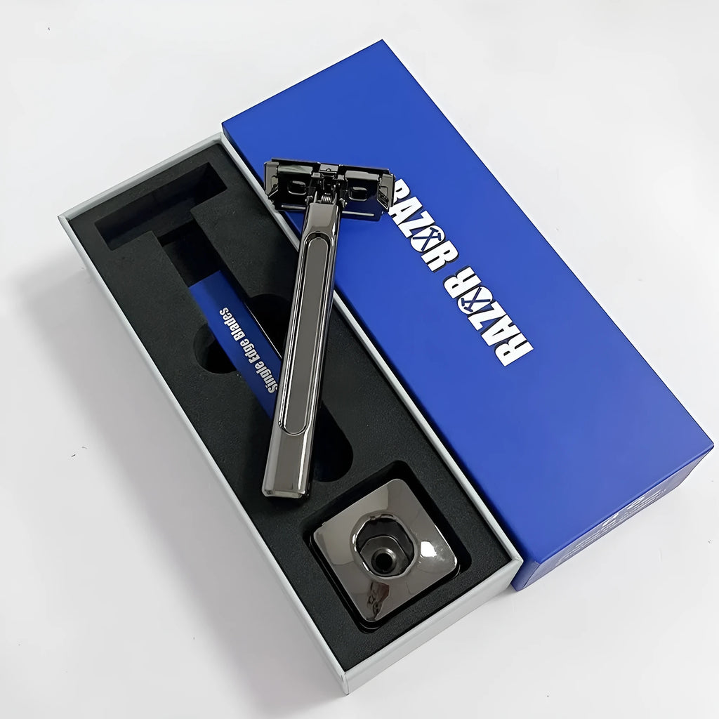 Double-layer half-blade manual shaver with suspension knife head in bronze, gun metal, silver, or gold-plated purple colour
