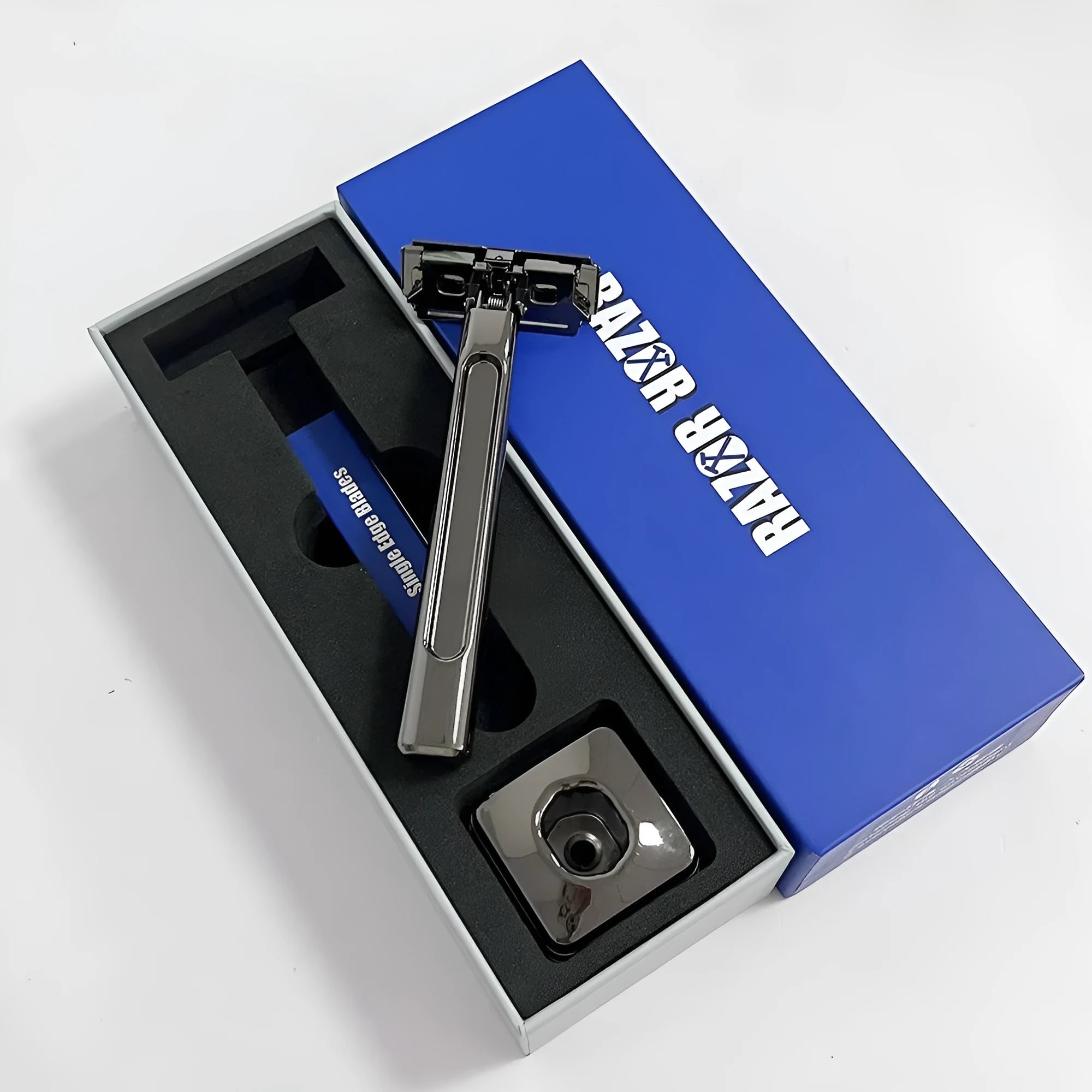 Double-layer half-blade manual shaver with suspension knife head in bronze, gun metal, silver, or gold-plated purple colour