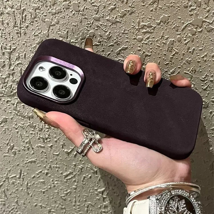 Magnetic leather flannel phone case for Apple iPhone, shown in silver grey colour.