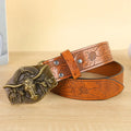 Men's brown imitation leather belt with decorative alloy cow head buckle and pin buckle fastening