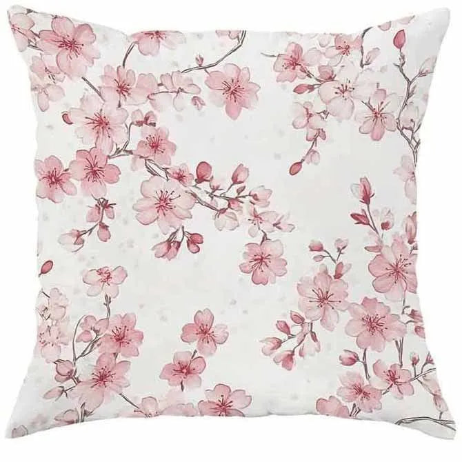 Square short velvet cushion cover with cherry blossom and letter print in 45cm size.