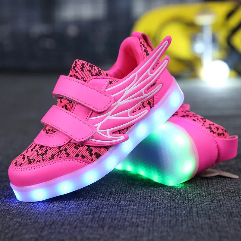 Children's plum red and white LED light-up sneakers with USB charging port.