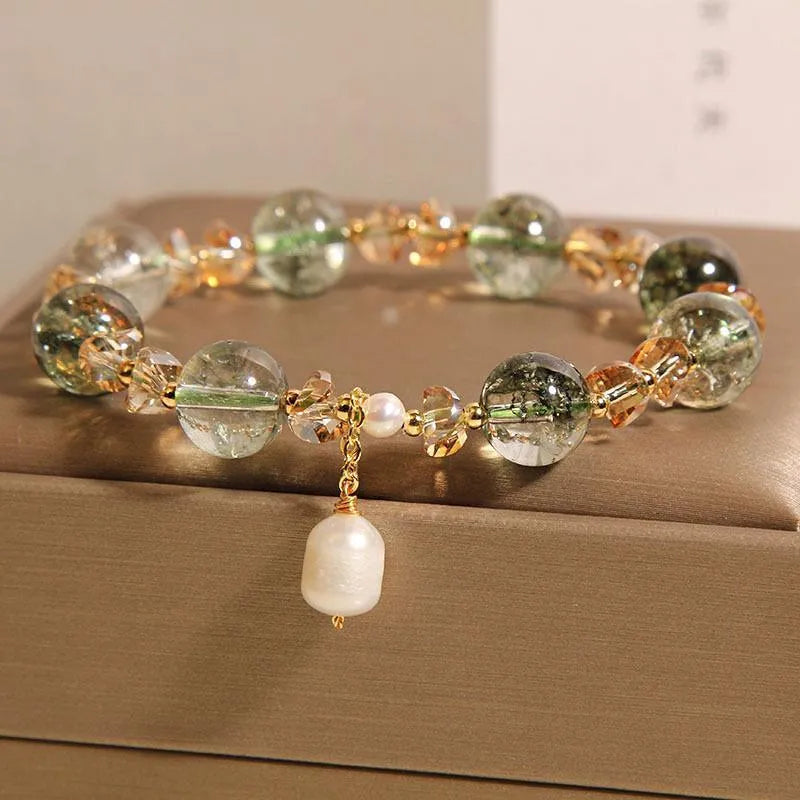 Natural chorite crystals crystal bracelet with green phantom quartz champagne beads