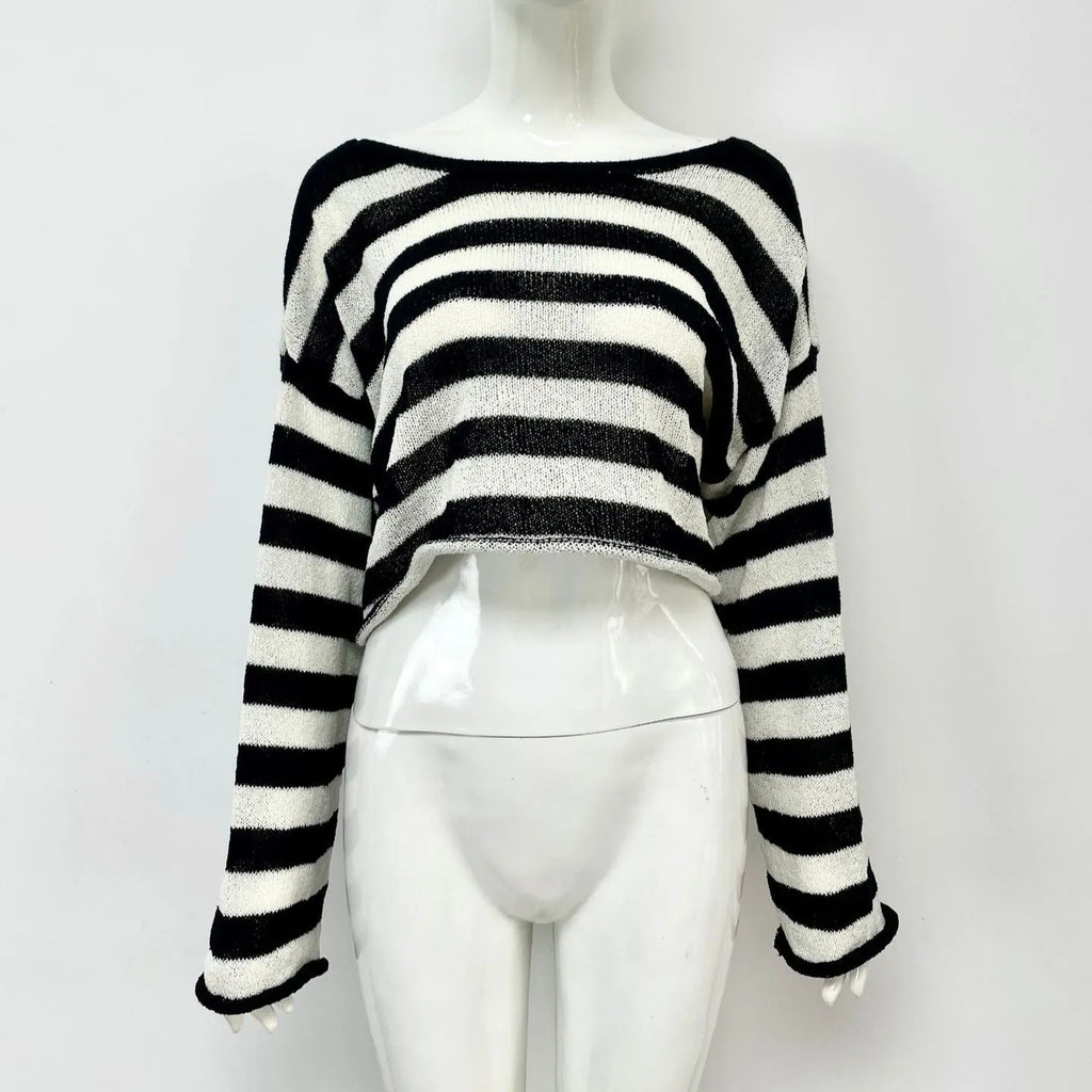 Striped long-sleeved pullover sweater with exposed navel styling in mercerised cotton