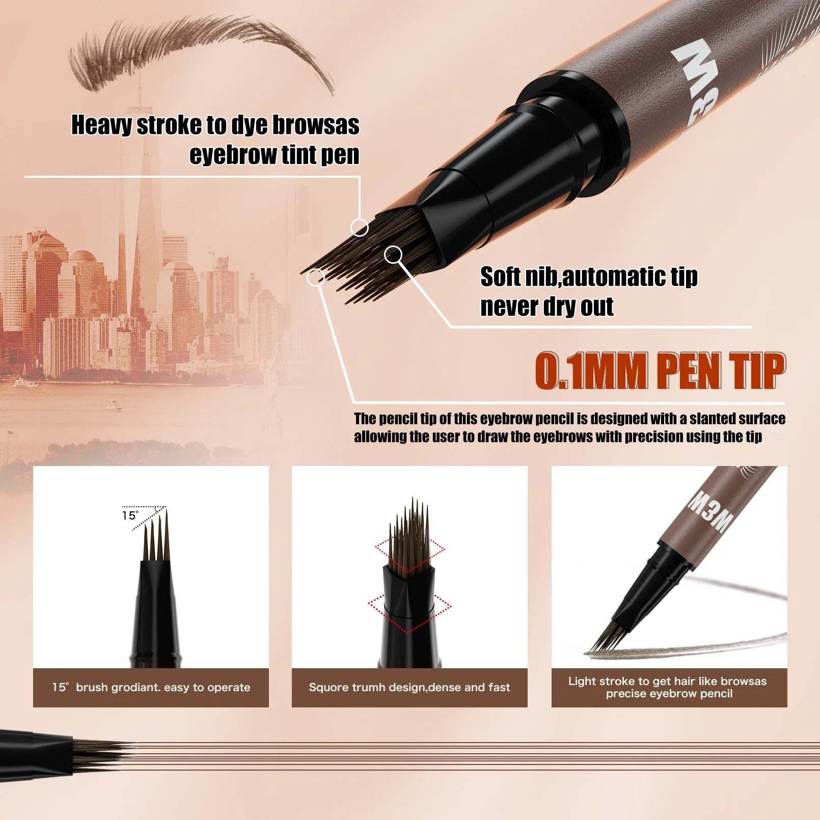 Waterproof sweat-proof smudge-proof double-ended eyebrow pencil with powder sponge in black colour