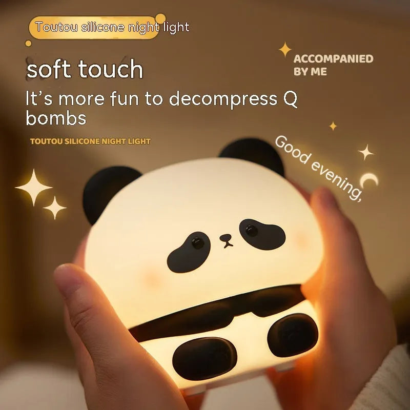 Panda LED night light made from soft silicone with USB rechargeable touch control, 2W, 1200mAh battery.