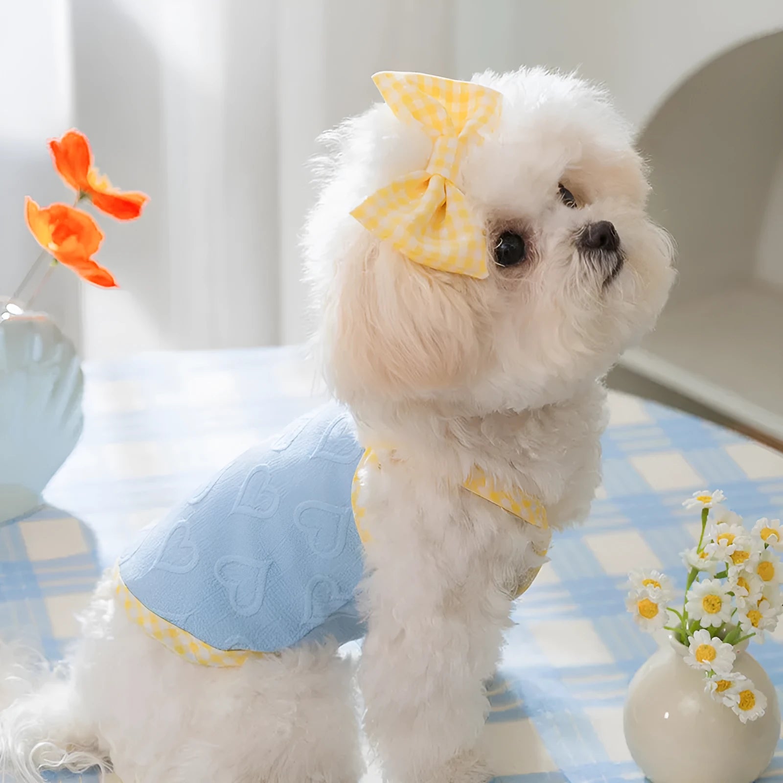 Small dog wearing a blue elastic vest with bow suspenders and a raised heart texture design.