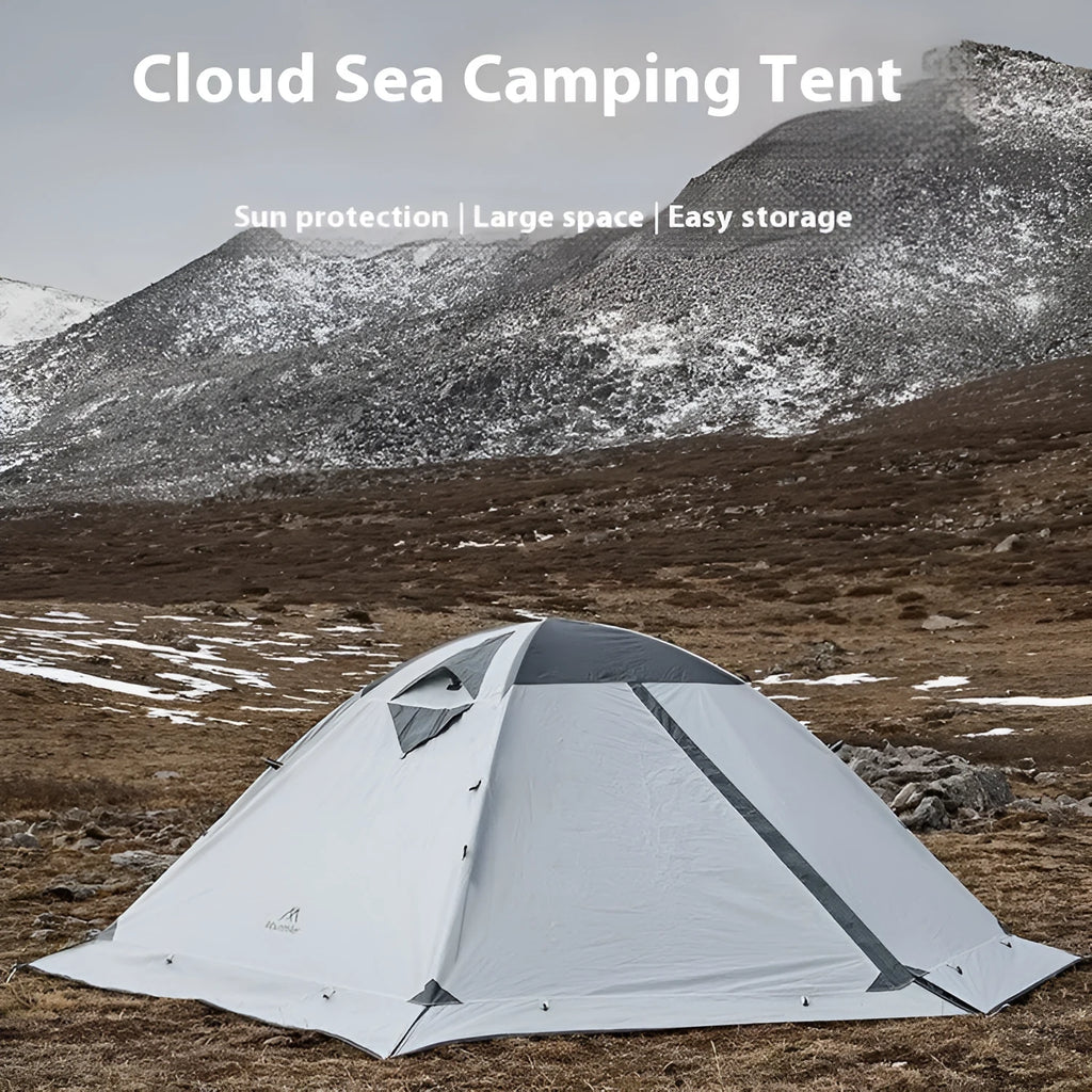 Double camping tent in Moonlight White made from 210D polyester checked cloth with ground studs and wind ropes