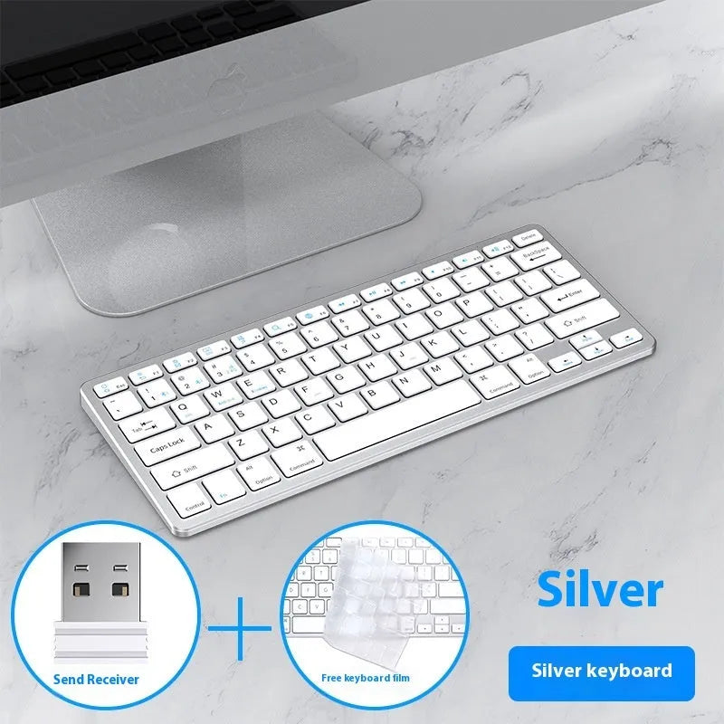 Rechargeable black ultra-thin wireless keyboard and mouse set with USB receiver and protective cover on a desk.