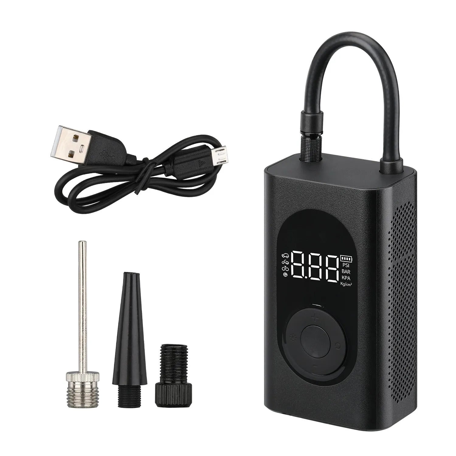 Portable handheld tyre inflator pump with digital display, USB cable, power bank, and built-in torch