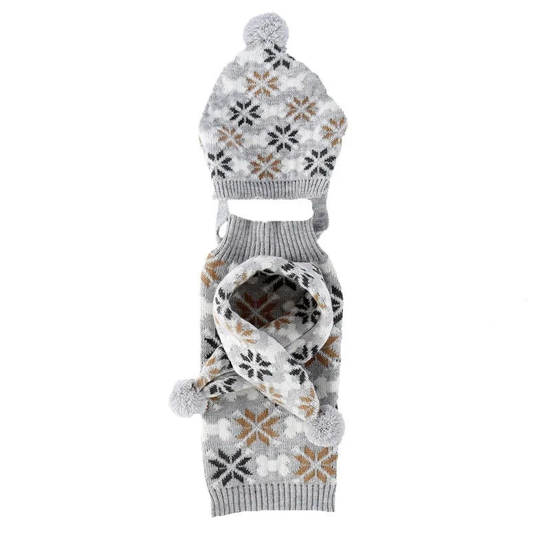 Grey and pink Japanese-style retro jacquard knitted dog jumper sets with matching hat and scarf.