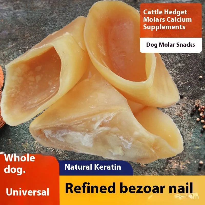 Natural cowhide hoof shell chew for dogs on a white background, showing small and large size options.