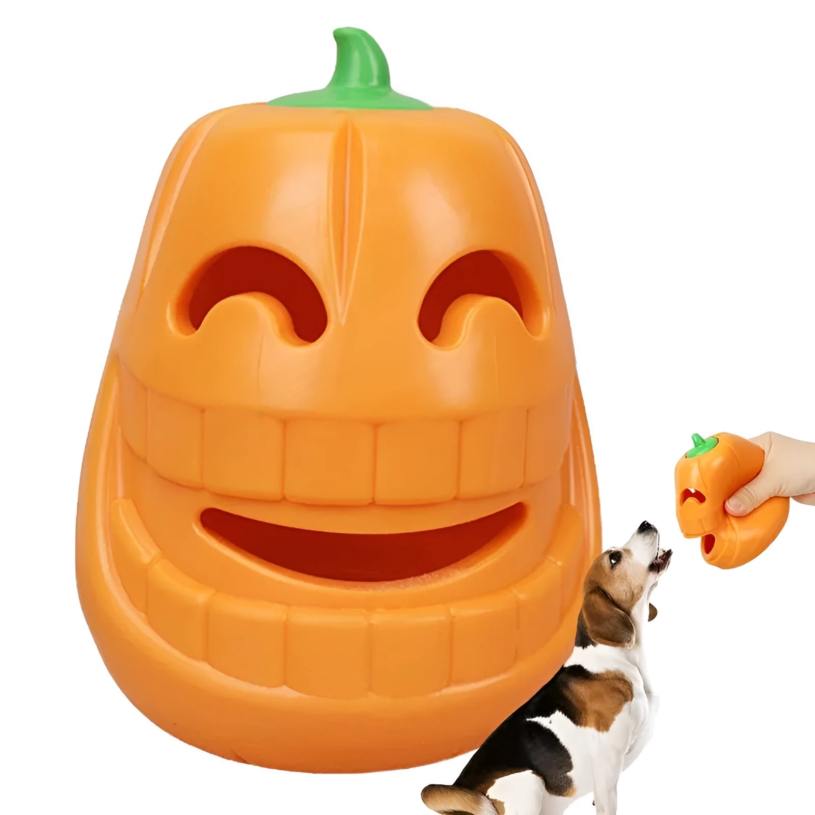 Yellow pumpkin-shaped tough TPR chew toy for dogs on a white background.